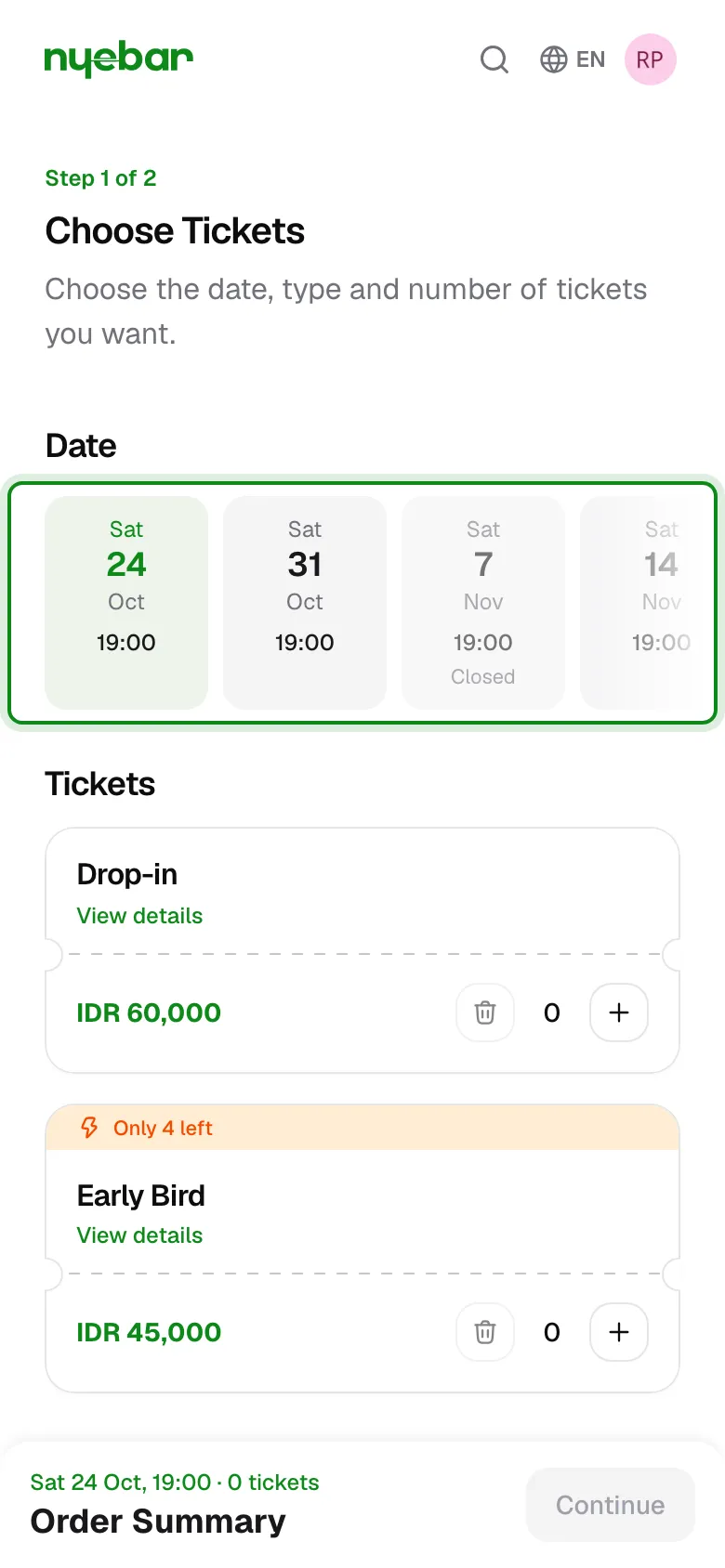 The row of date cards on the Choose Tickets page.