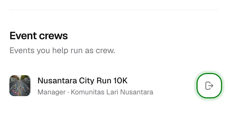 The Event crews section in Account Settings with a leave button.