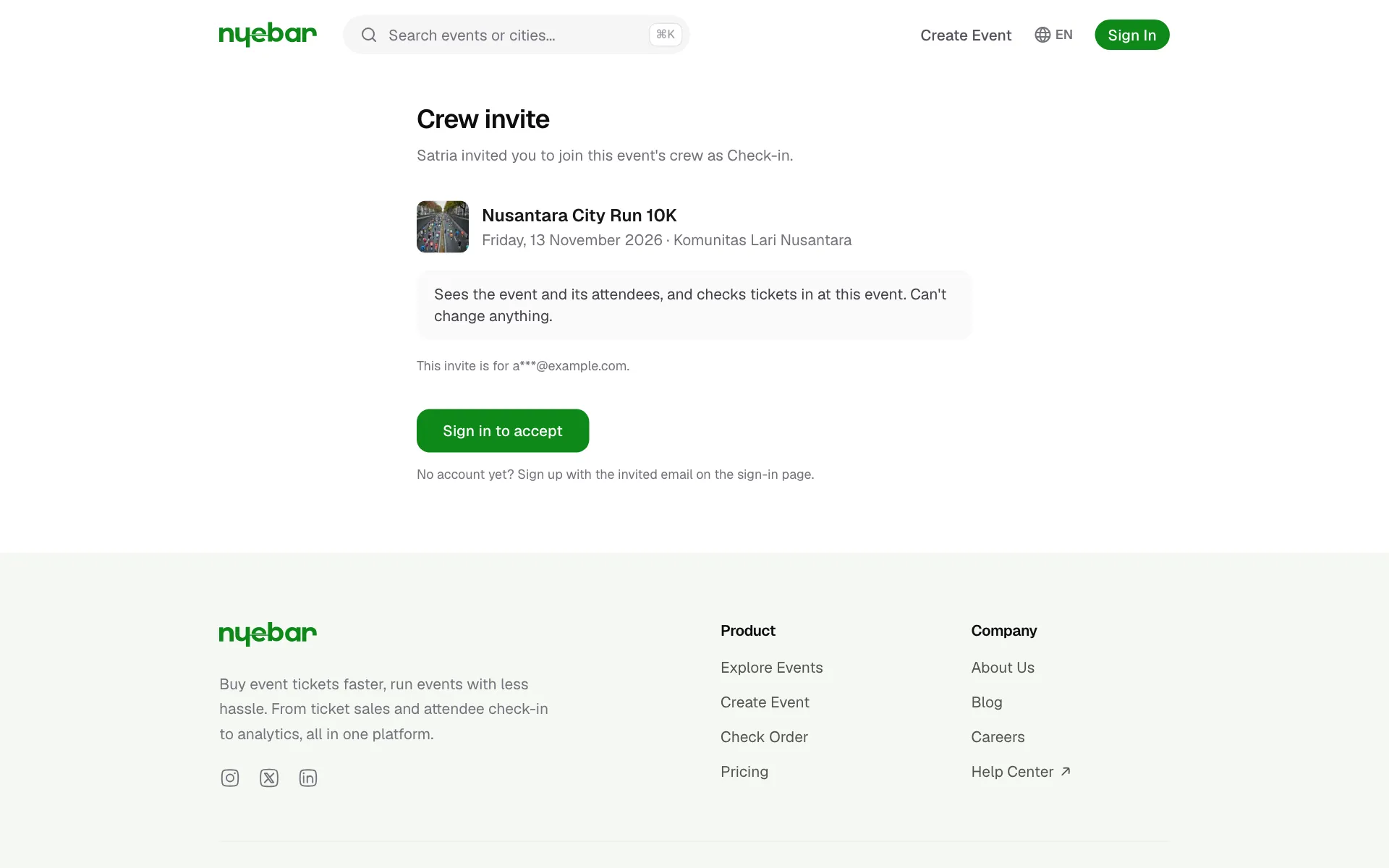 The crew invite page with the event and role.
