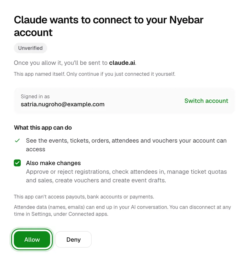 The permission page: Claude wants to connect to your Nyebar account, with the Also make changes option and the Allow button.