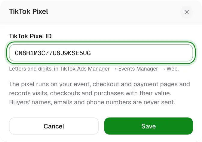 The TikTok Pixel ID form with Cancel and Save buttons.
