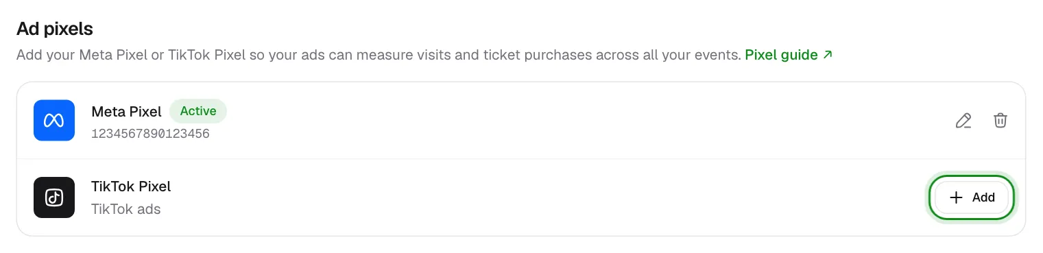 The Ad pixels section with Meta Pixel active and an Add button on TikTok Pixel.