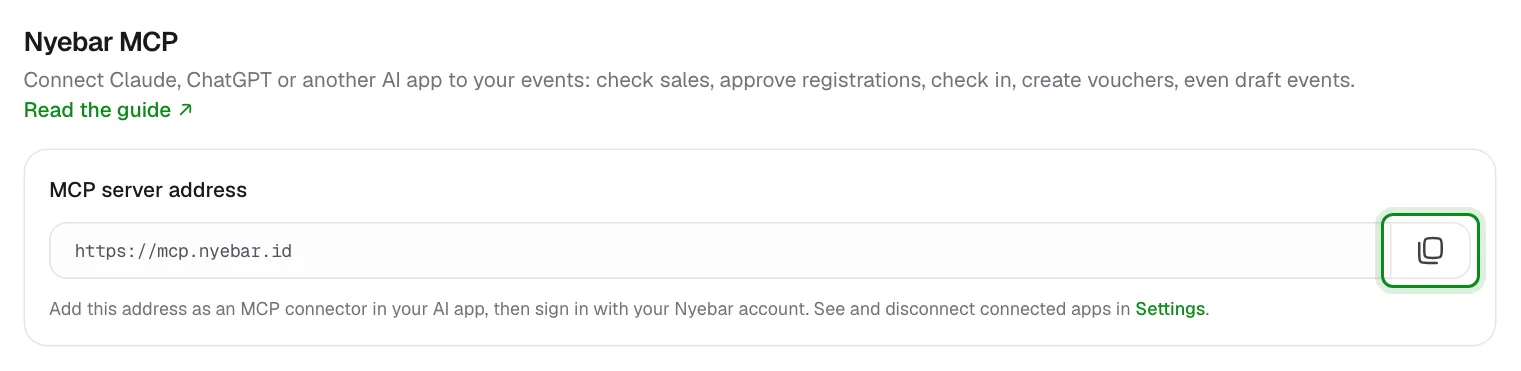 The Nyebar MCP section on the Integrations page with the MCP server address and a copy button.
