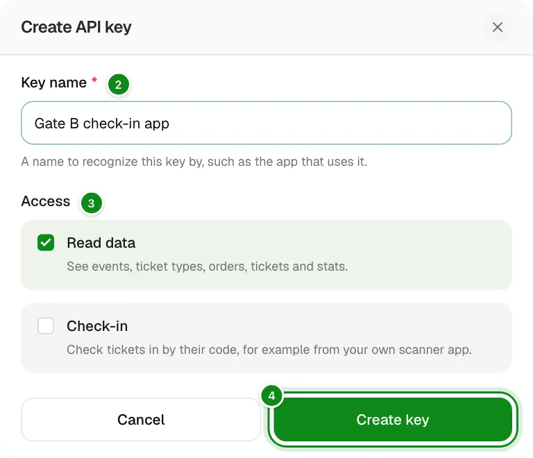 The Create API key window with the key name and access choices.