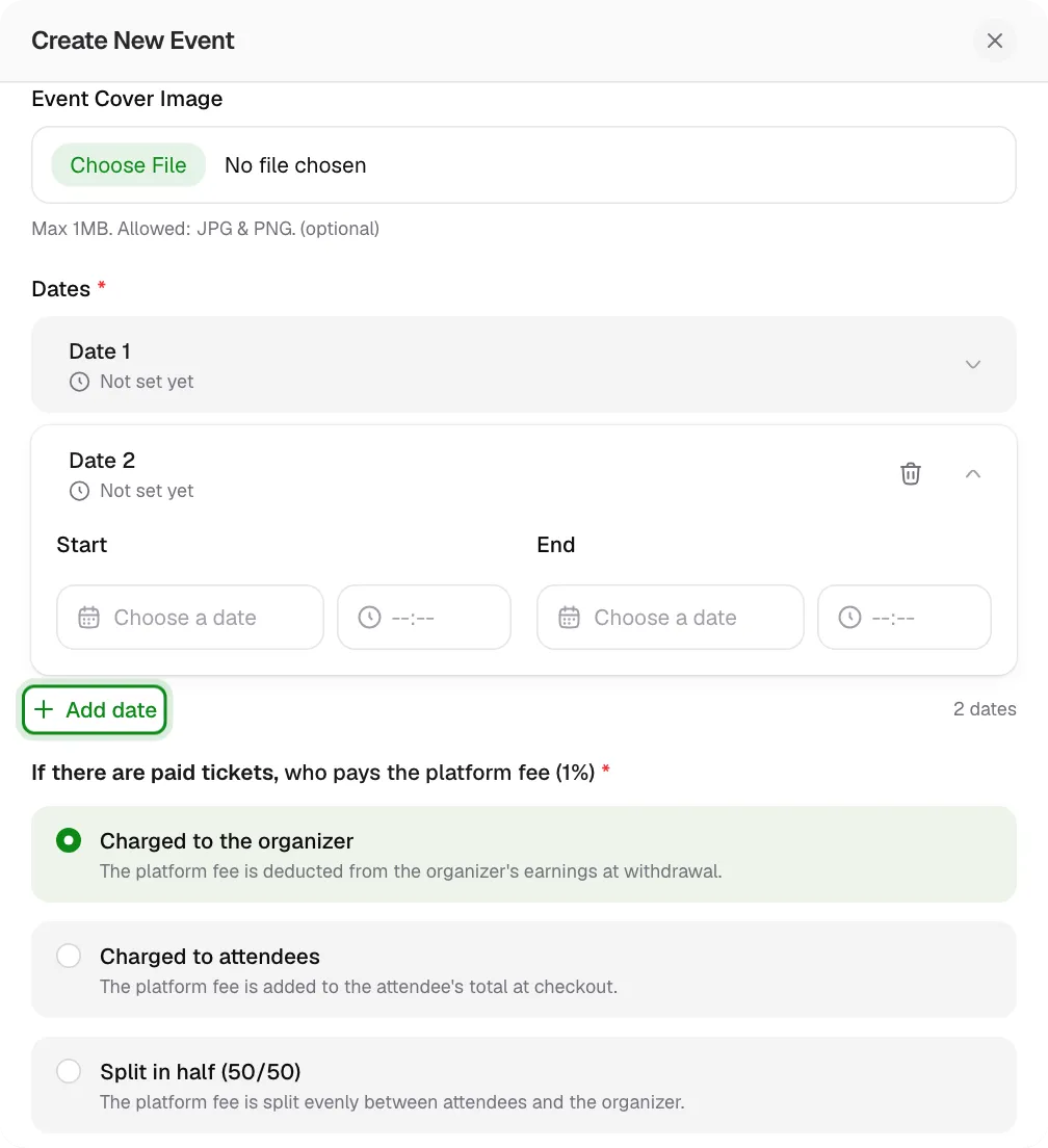 The Dates list in the Create New Event form with two dates.