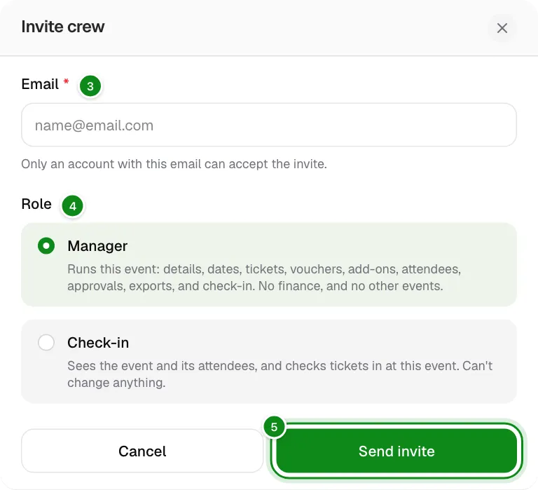 The Invite crew form with an email and a role.