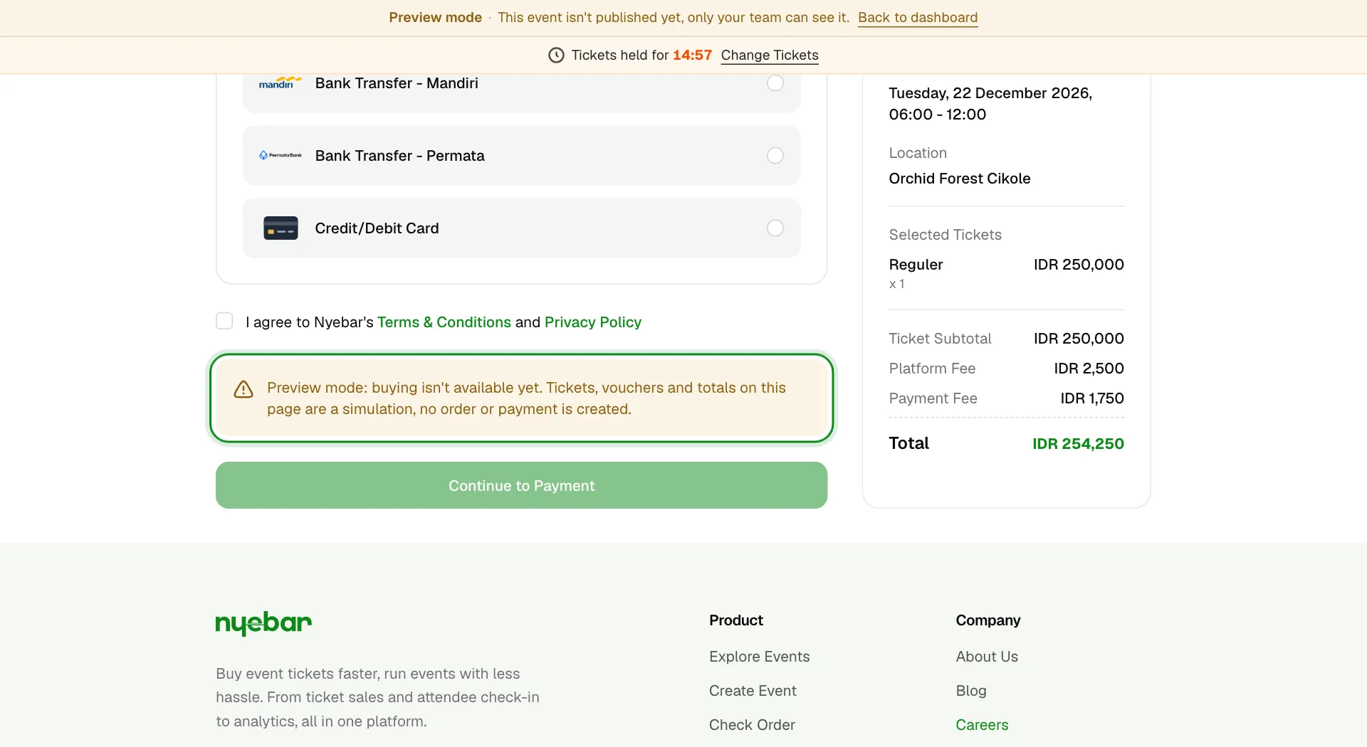 The checkout preview with the preview mode note and a disabled pay button.