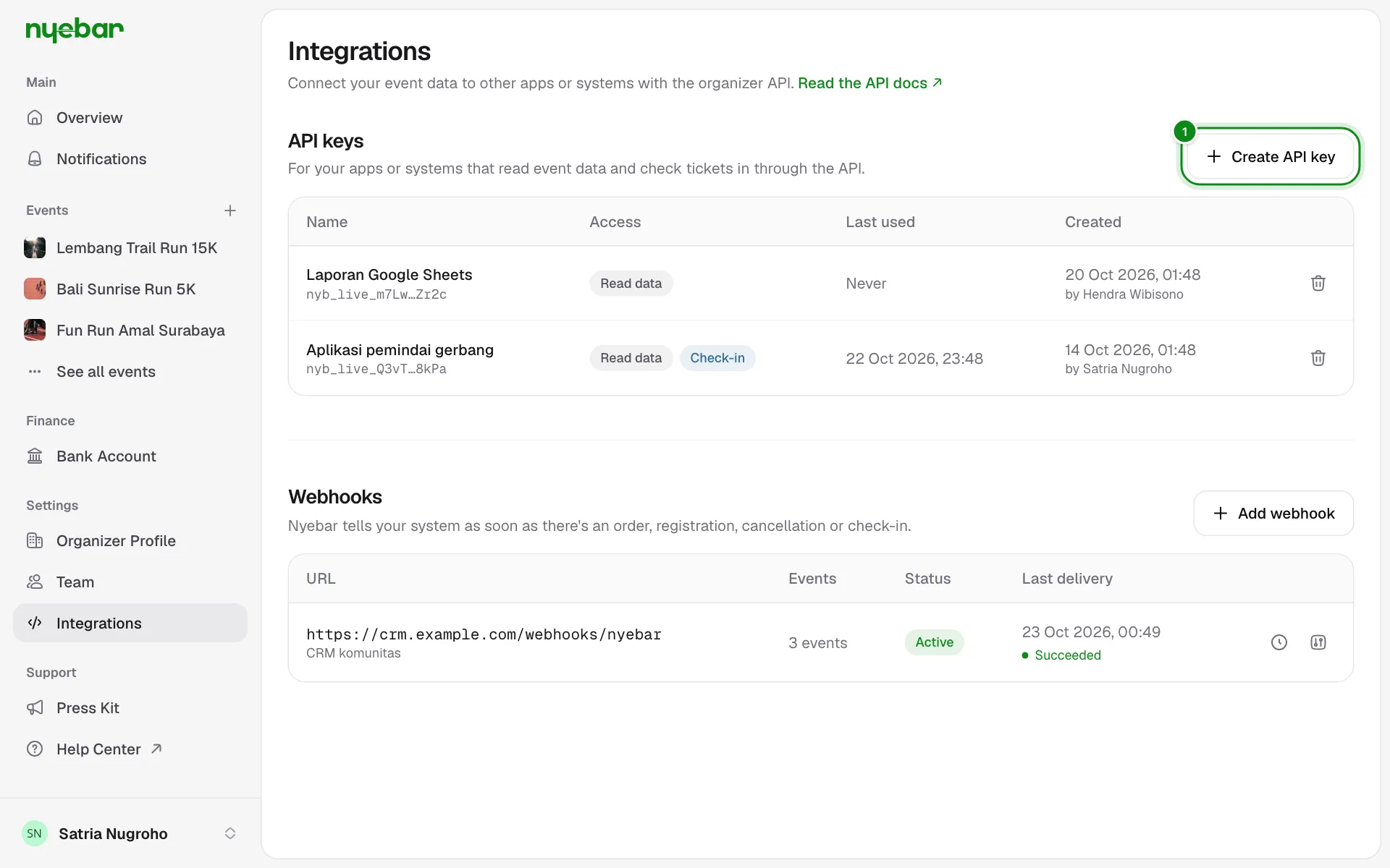 The Integrations page with the list of API keys and the Create API key button.