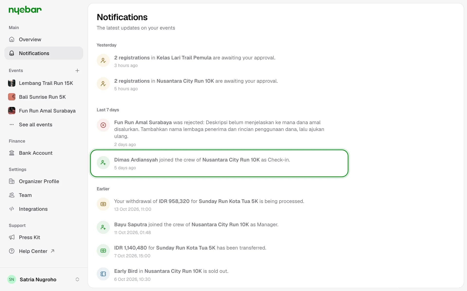The Notifications page with a crew member joining.