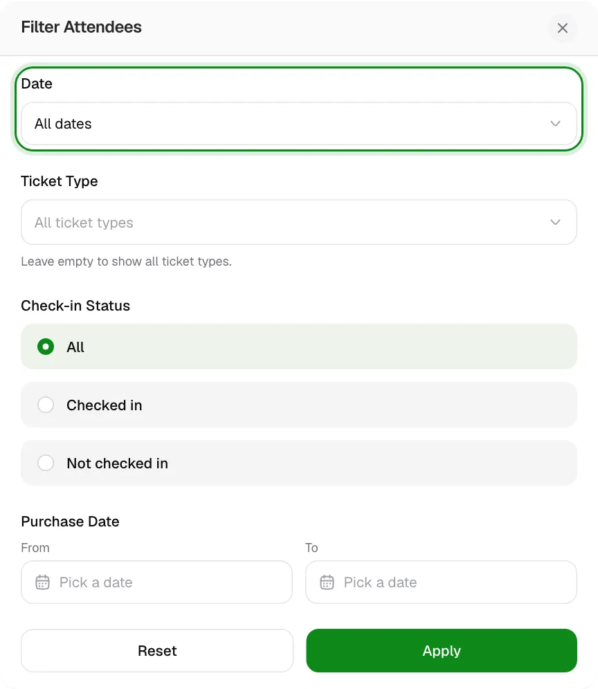 The Date option in the attendee Filter.
