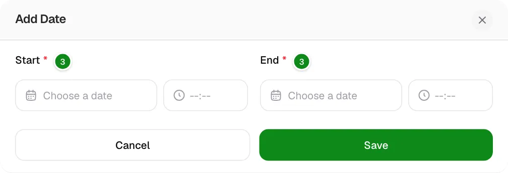 The Add Date form with Start and End.