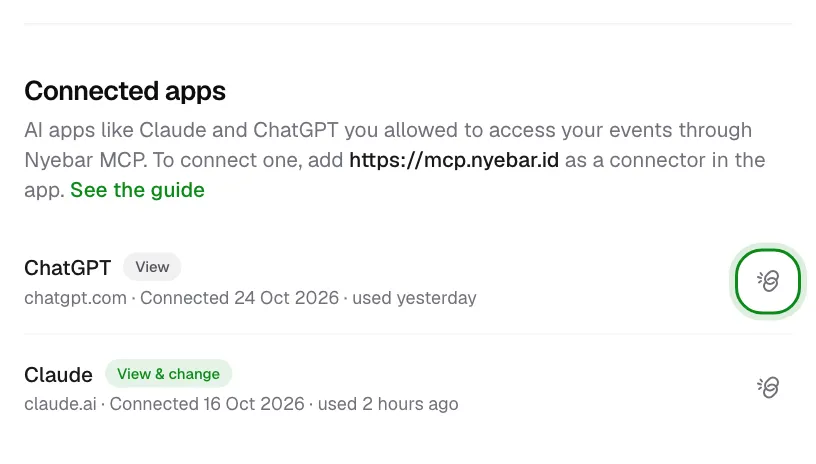 The Connected apps section in Settings listing ChatGPT and Claude with Disconnect buttons.