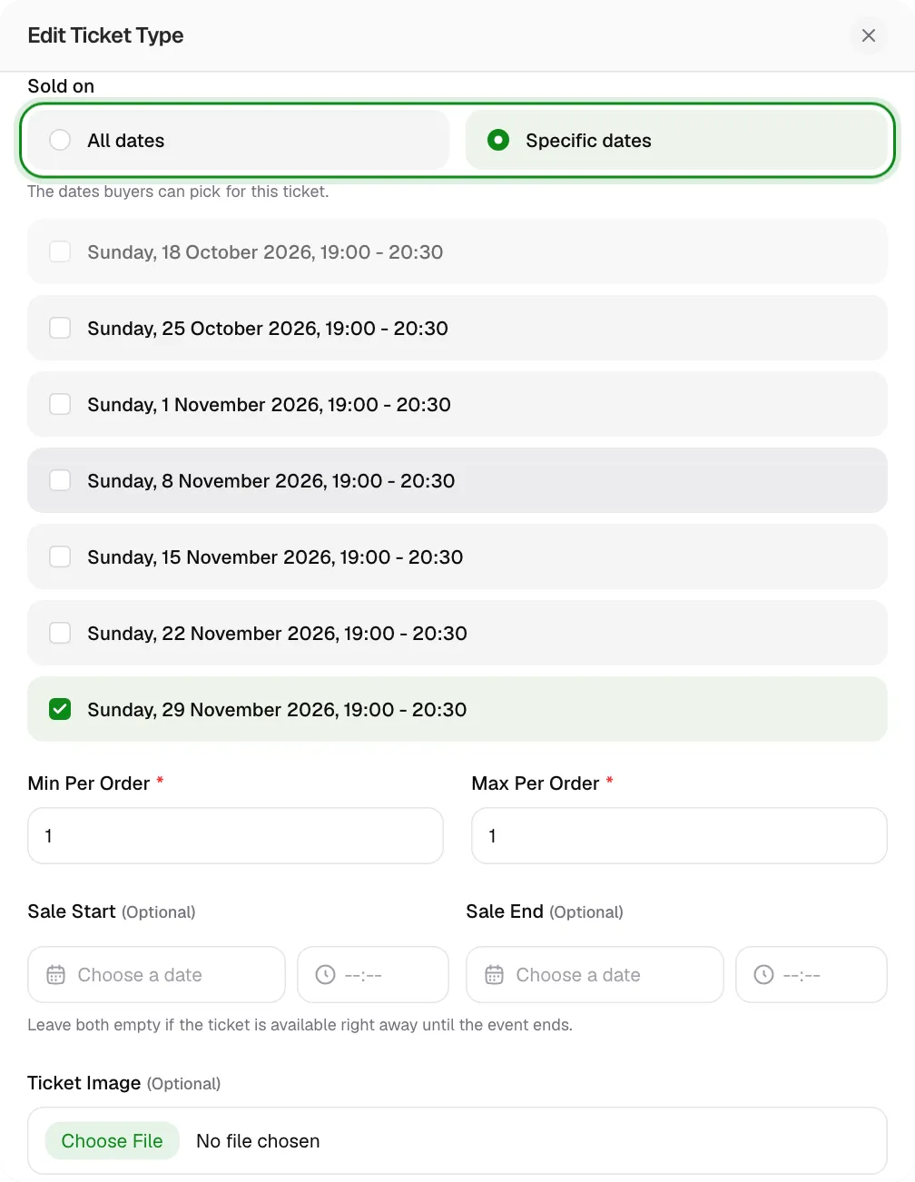The Sold on option in the ticket type form with All dates and Specific dates.