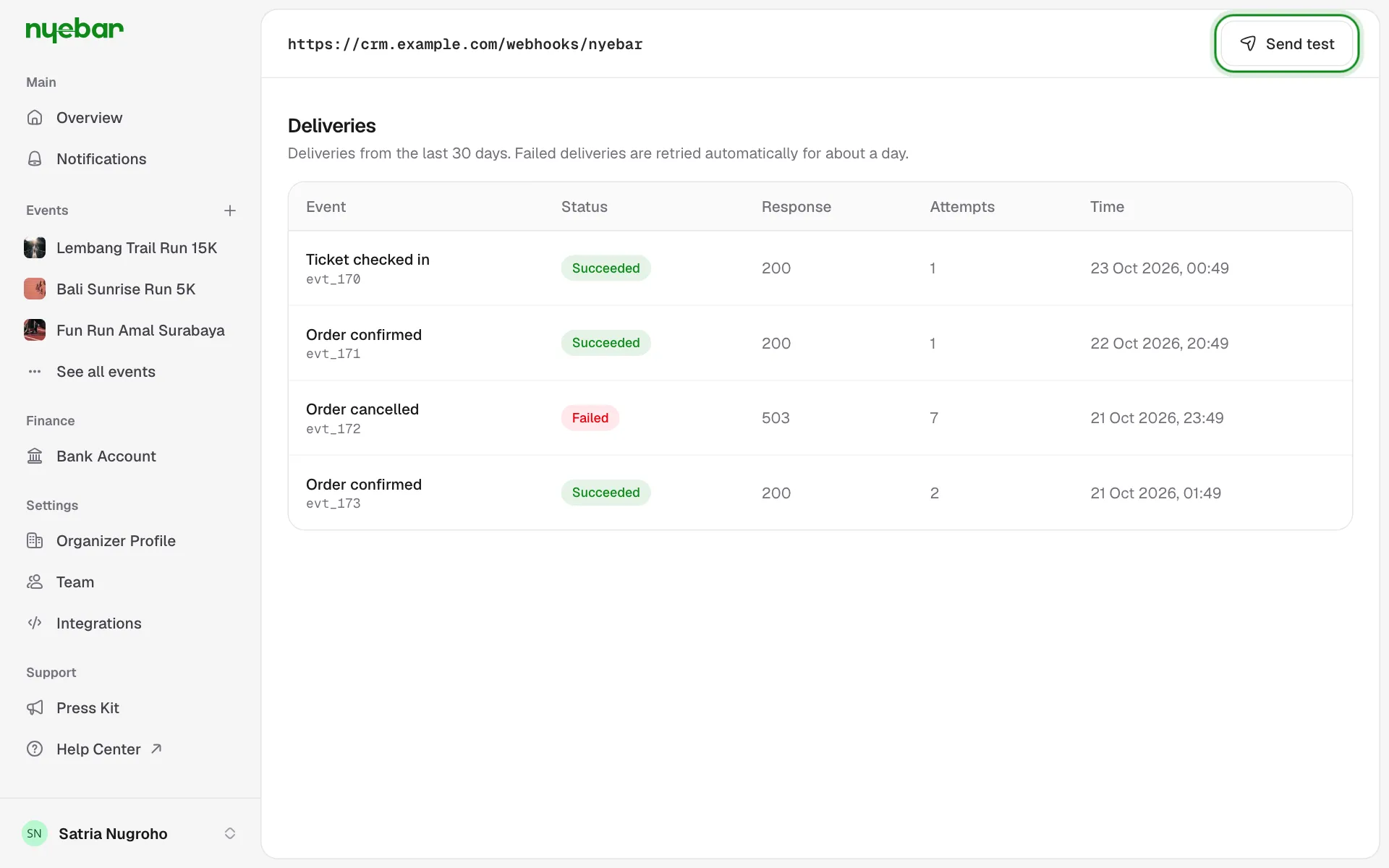 A webhook's deliveries with their status, response code and attempts.