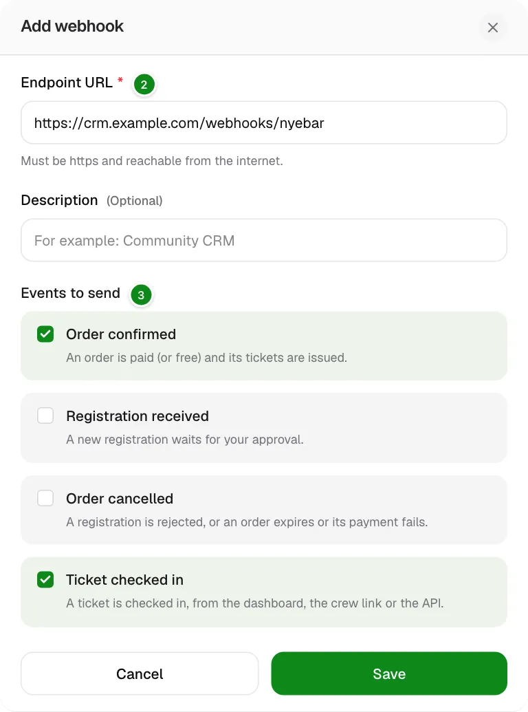 The Add webhook window with the endpoint URL, description and event choices.