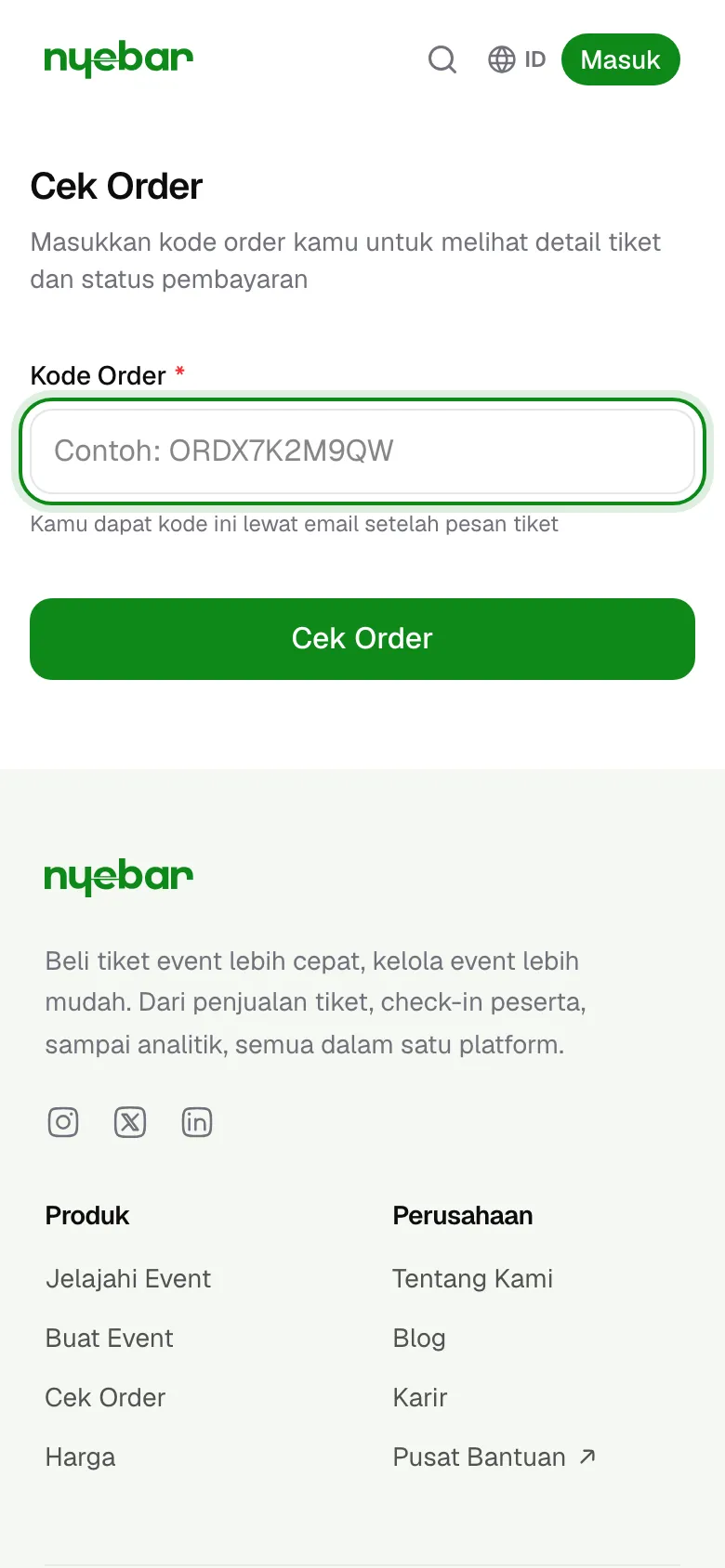 Halaman Cek Order untuk membuka pesanan tanpa masuk.