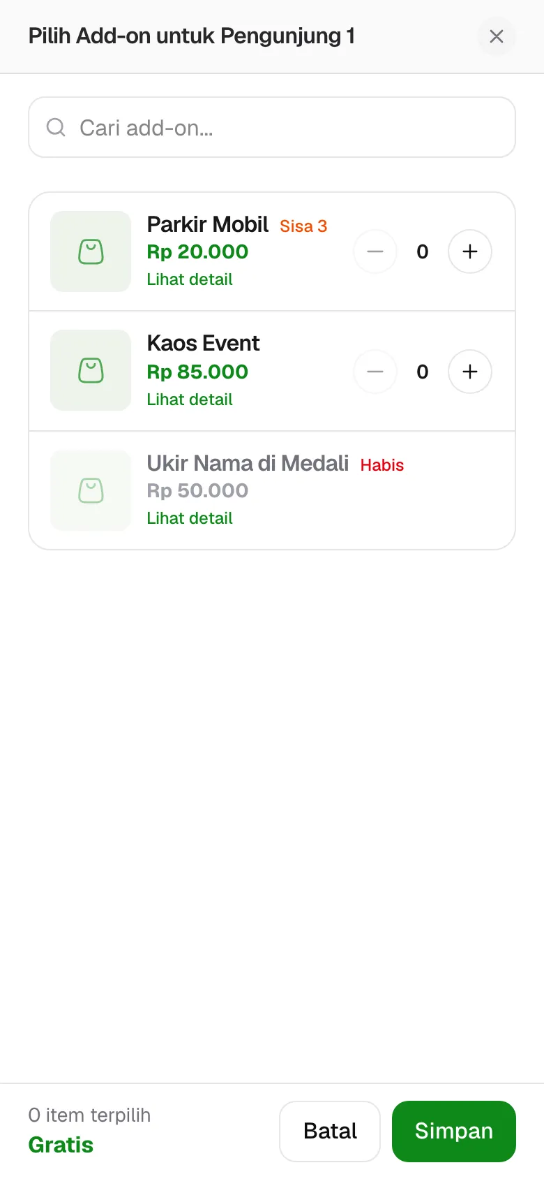 Pilih jumlah add-on untuk setiap pemegang tiket.