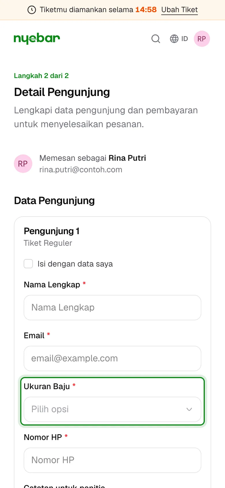 Data pengunjung dan pertanyaan tambahan untuk satu tiket.