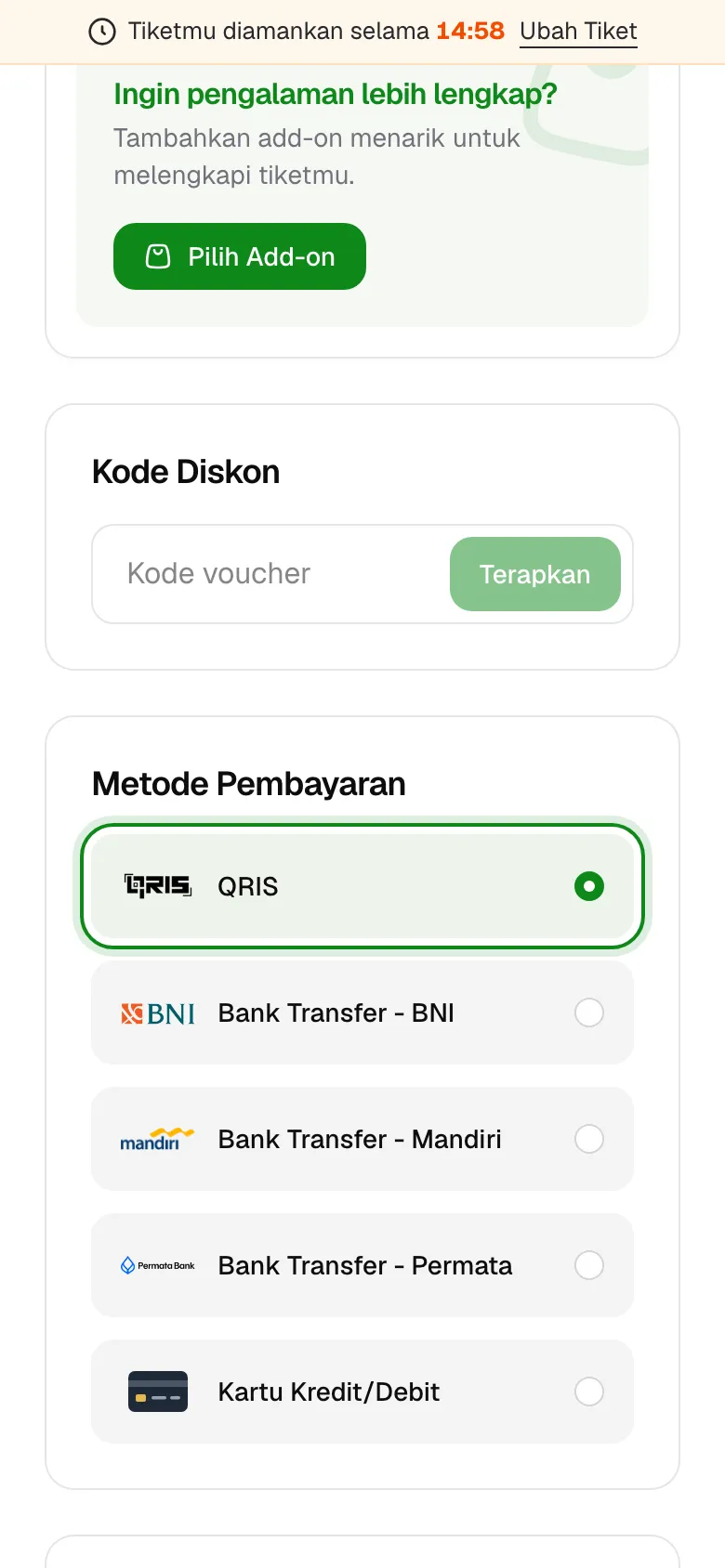 Pilih metode pembayaran saat checkout.
