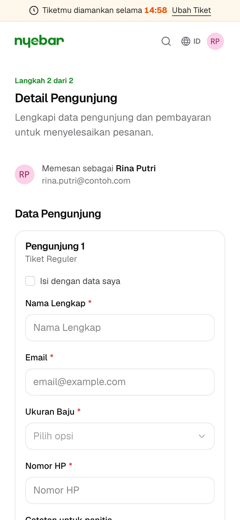 Hitung mundur reservasi tampil setelah kamu klik Lanjutkan.