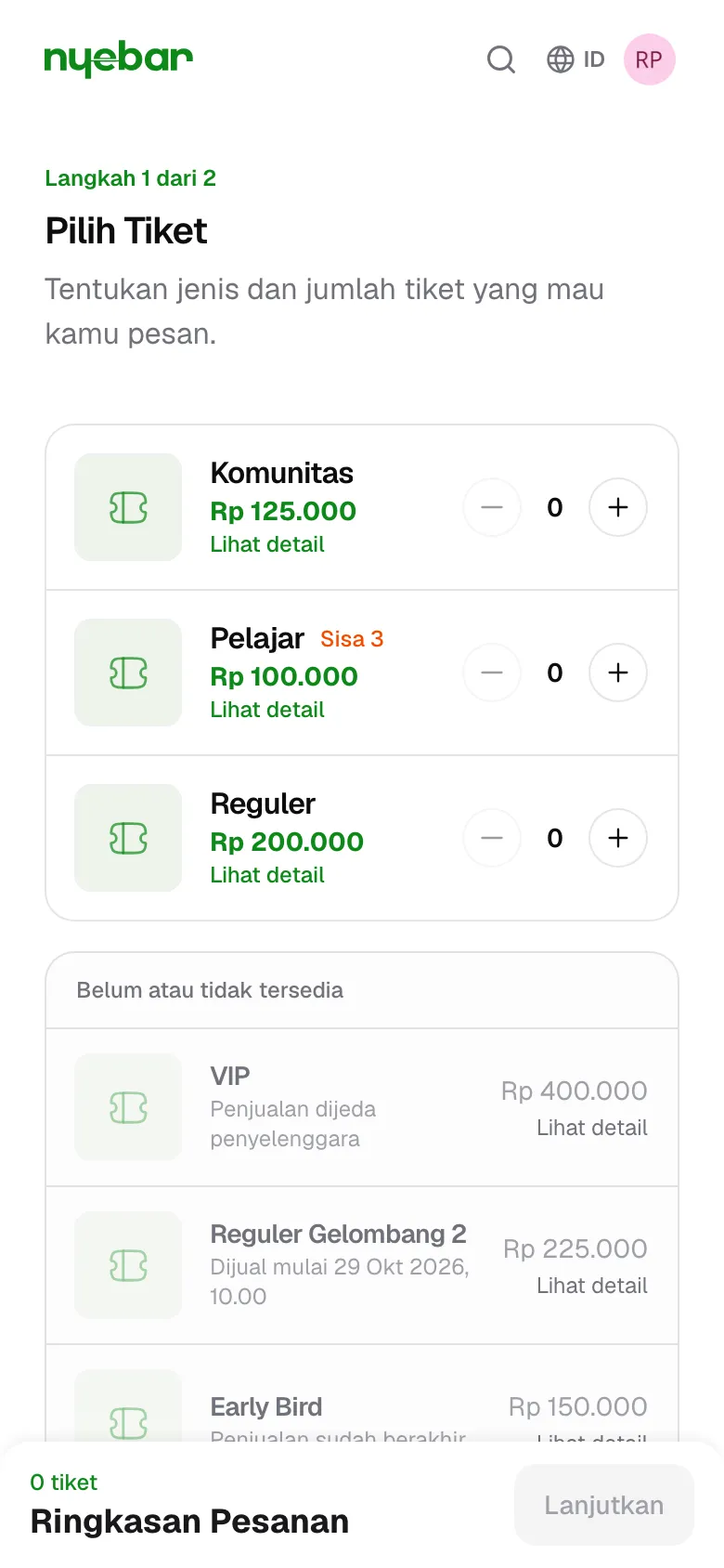 Label status muncul di setiap jenis tiket.