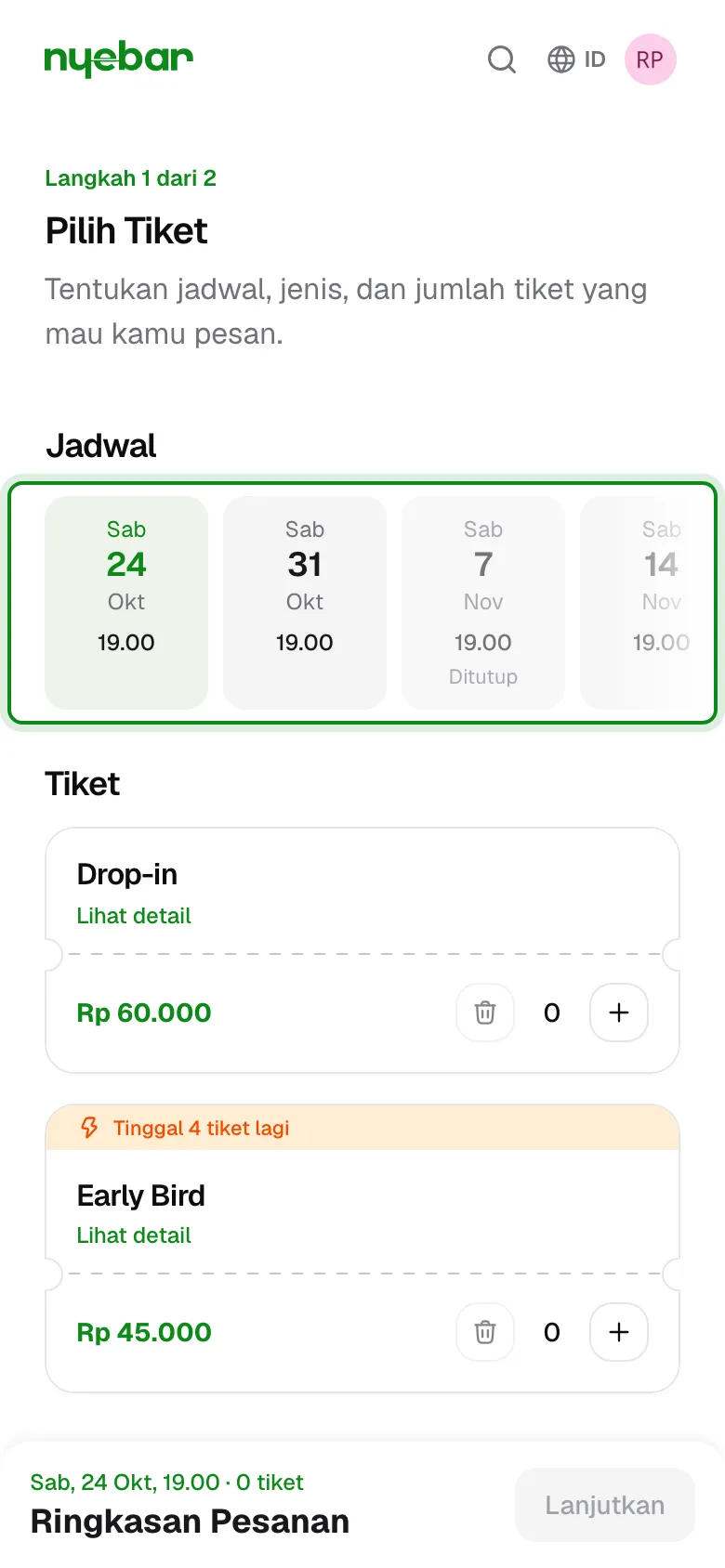 Deretan kartu tanggal di halaman Pilih Tiket.