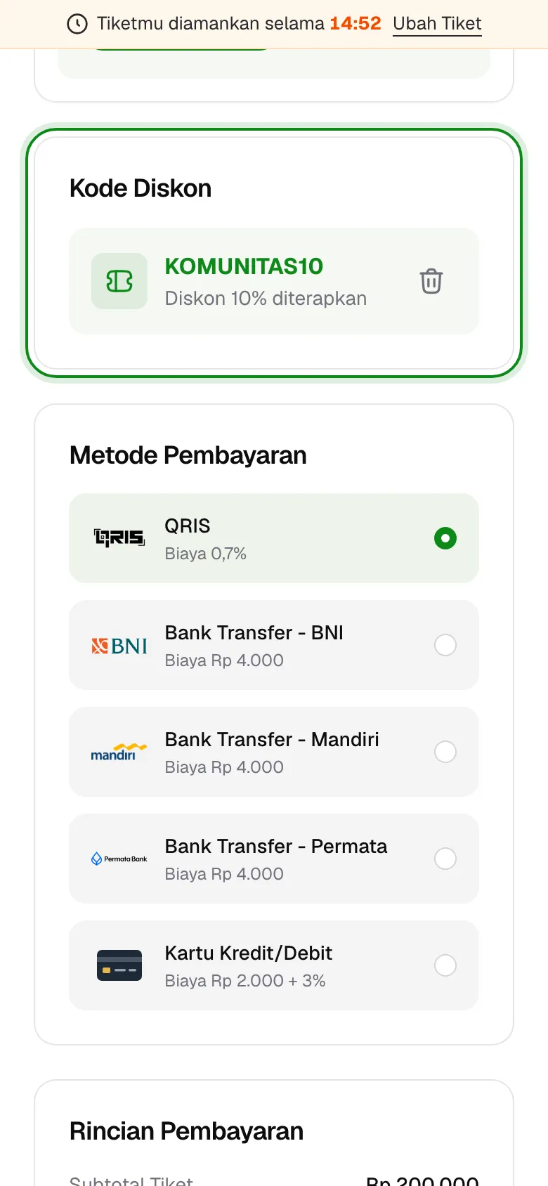 Diskon langsung terlihat setelah kode diterapkan.