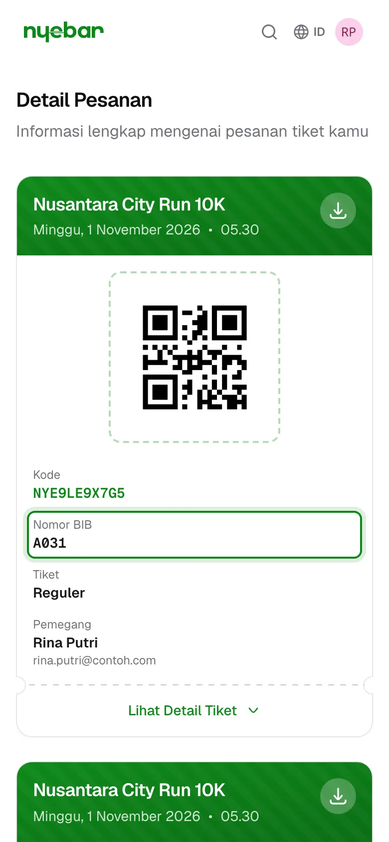 Nomor BIB tampil di kartu tiket peserta.