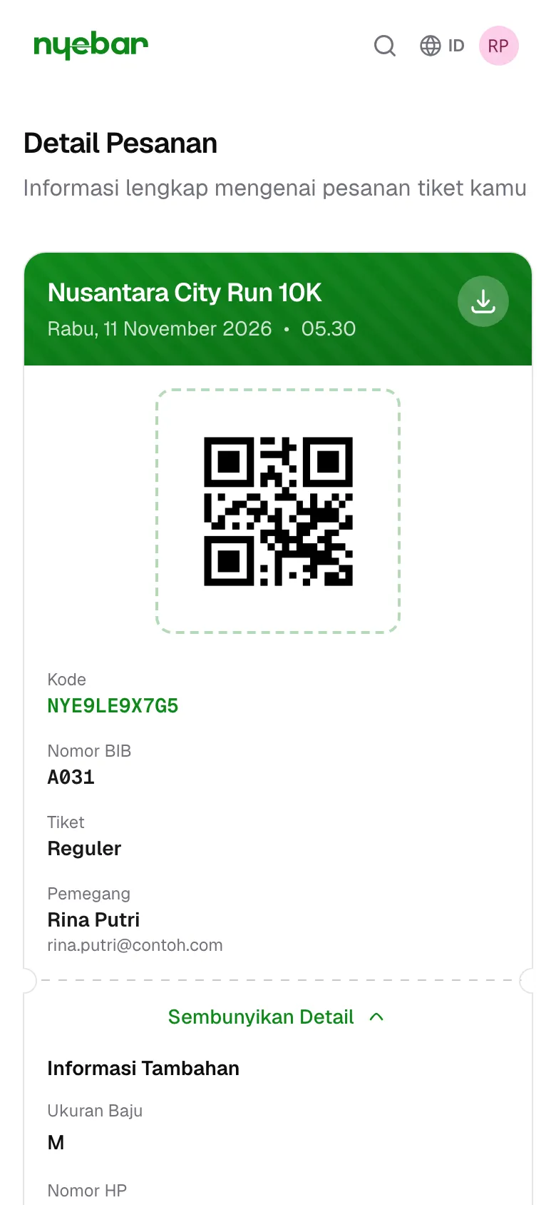 Detail e-ticket: informasi tambahan, add-on, dan catatan penyelenggara.