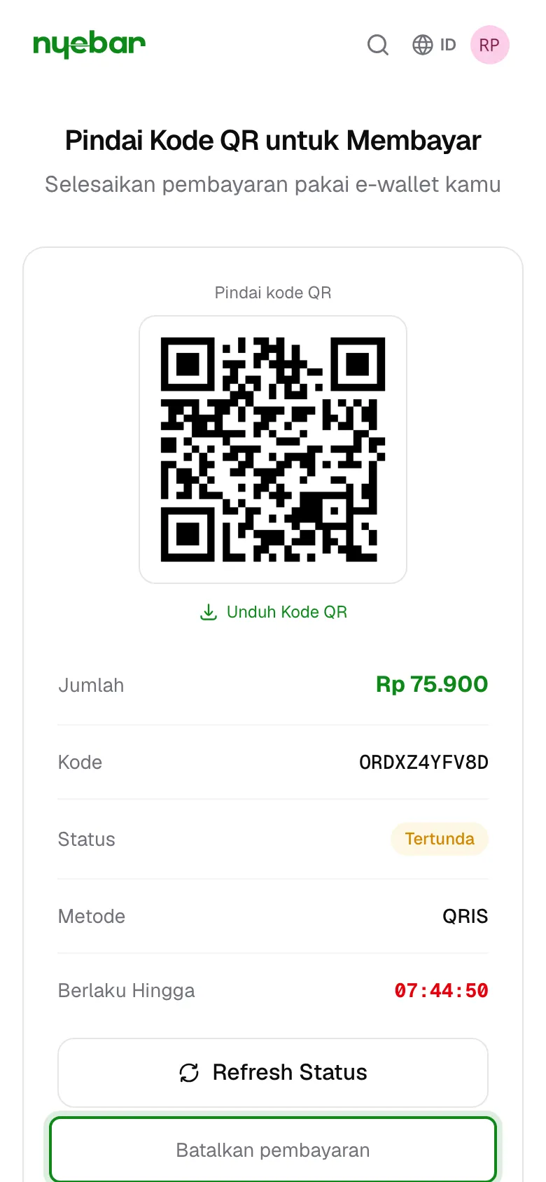 Link Batalkan pembayaran di bawah tombol Refresh Status.