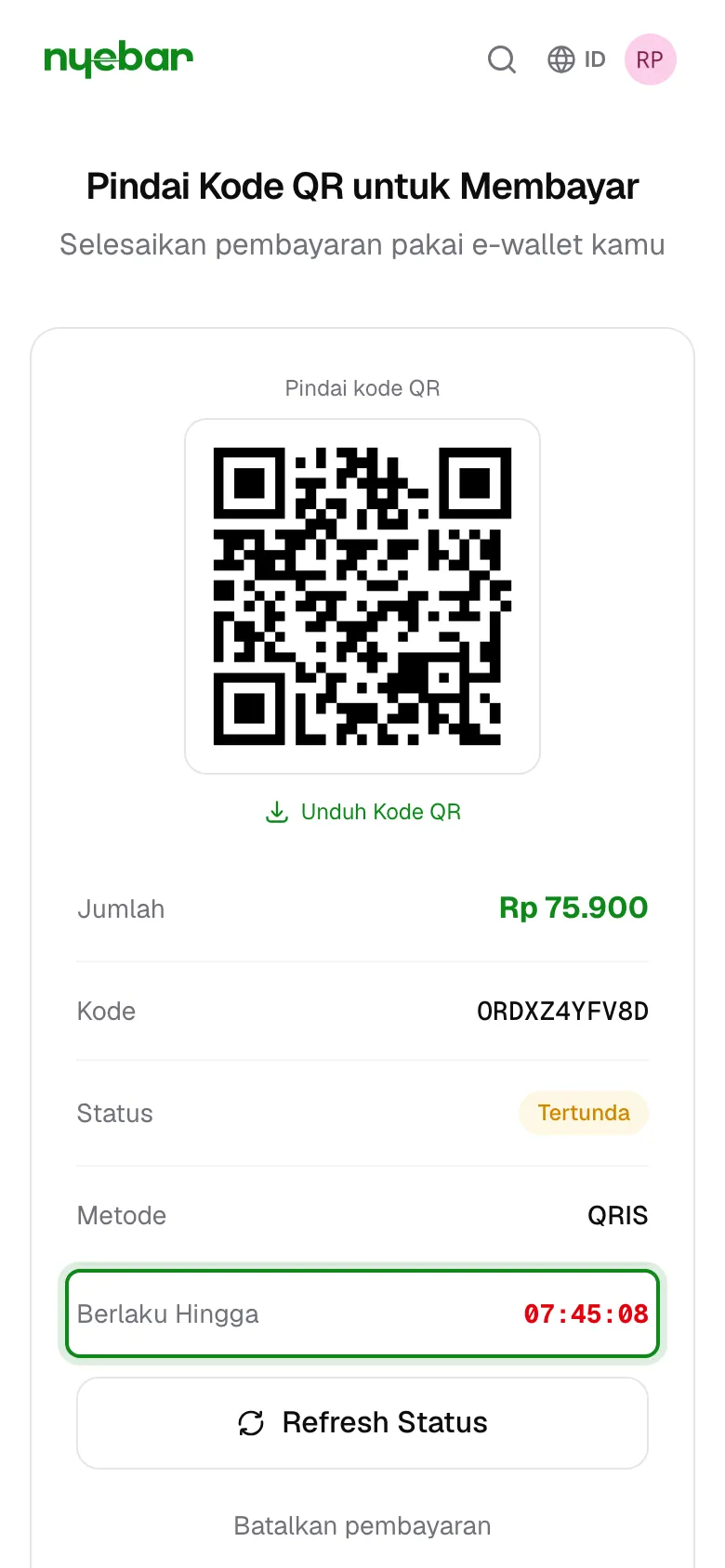 Halaman status pembayaran QRIS dengan batas waktu Berlaku Hingga.