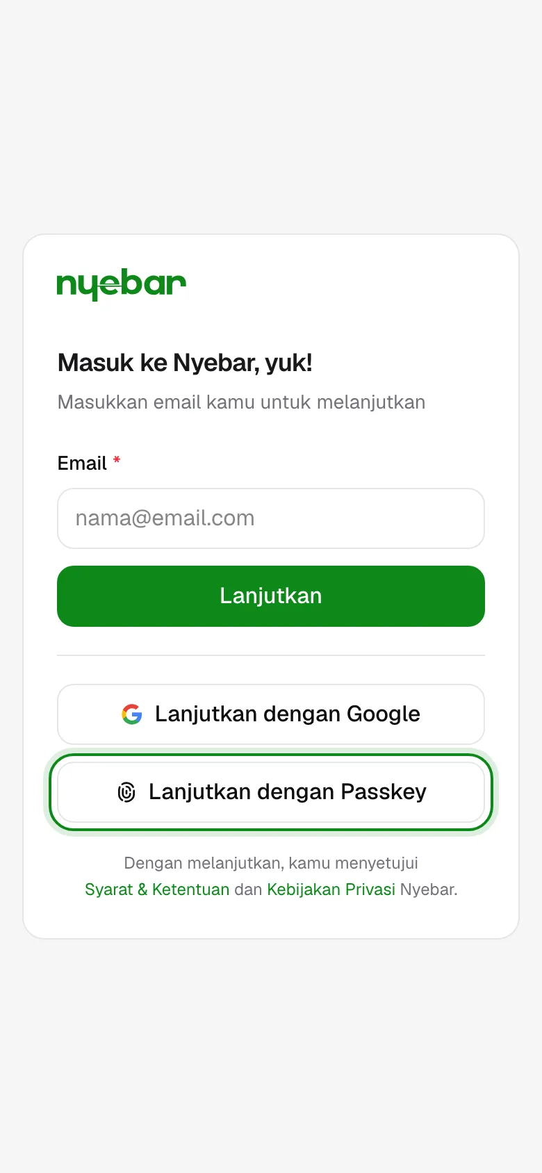 Tombol Lanjutkan dengan Passkey di halaman masuk.