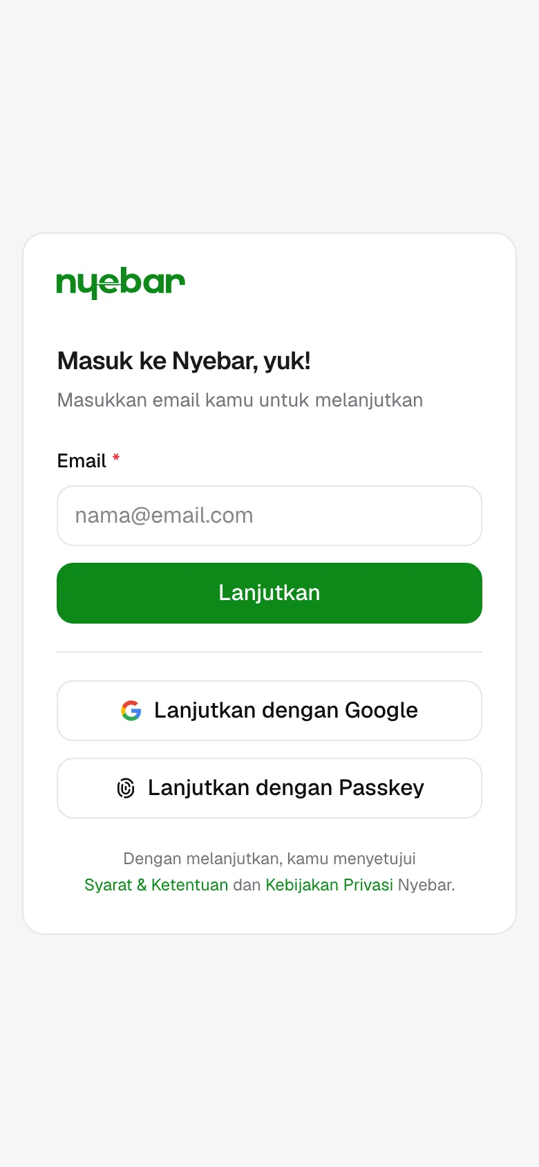 Halaman masuk Nyebar.