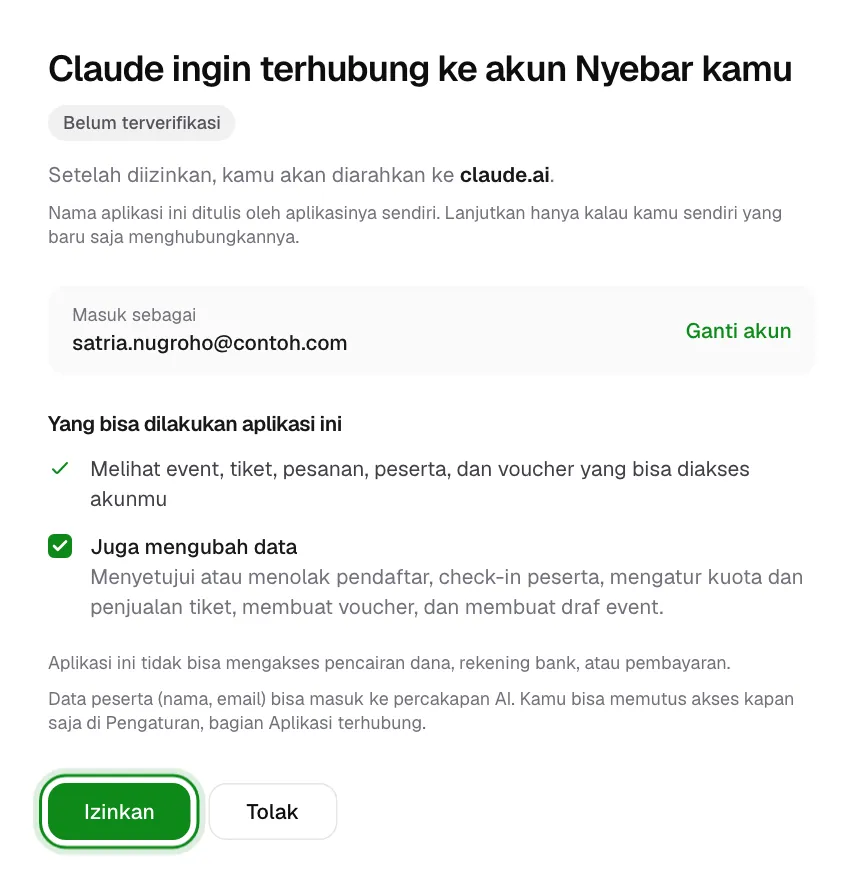 Halaman izin: Claude ingin terhubung ke akun Nyebar, dengan pilihan Juga mengubah data dan tombol Izinkan.