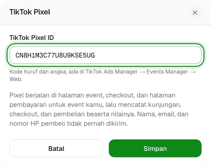 Form TikTok Pixel ID dengan tombol Batal dan Simpan.