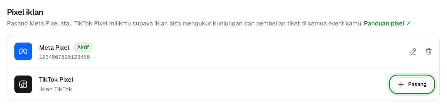 Bagian Pixel iklan dengan Meta Pixel aktif dan tombol Pasang di TikTok Pixel.