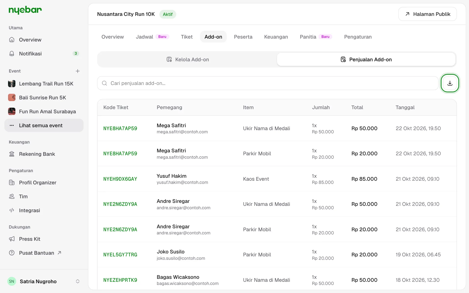 Sub-tab Penjualan Addon beserta tombol Export CSV.