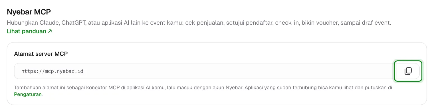 Bagian Nyebar MCP di halaman Integrasi dengan alamat server MCP dan tombol salin.