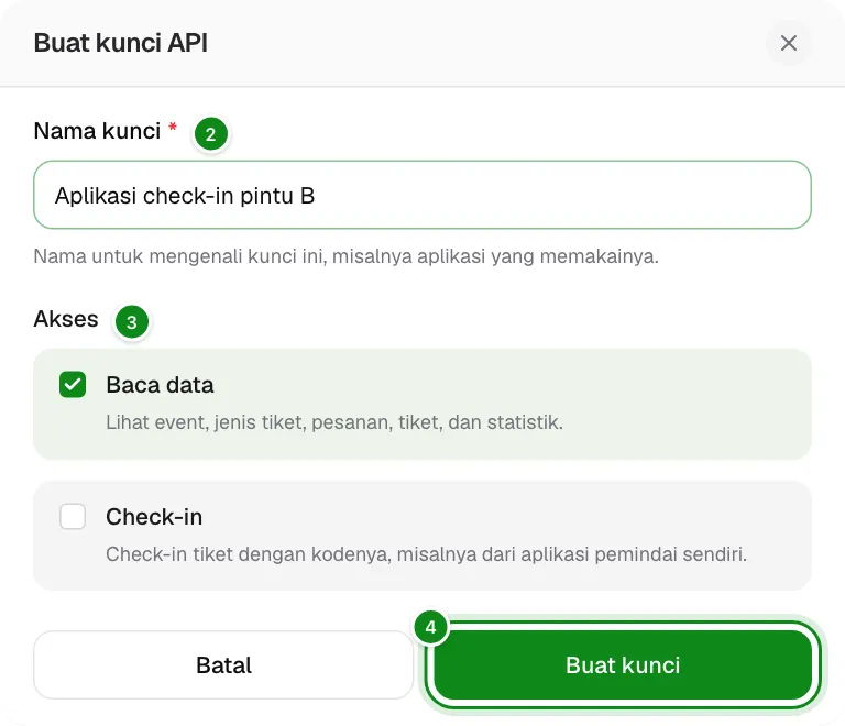 Jendela Buat kunci API dengan nama kunci dan pilihan akses.