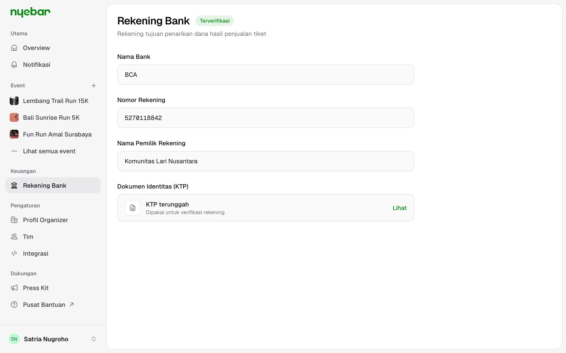 Form Rekening Bank dan status verifikasinya.