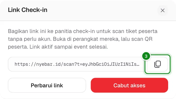 Jendela Link Check-in untuk menyalin, memperbarui, atau mencabut link.