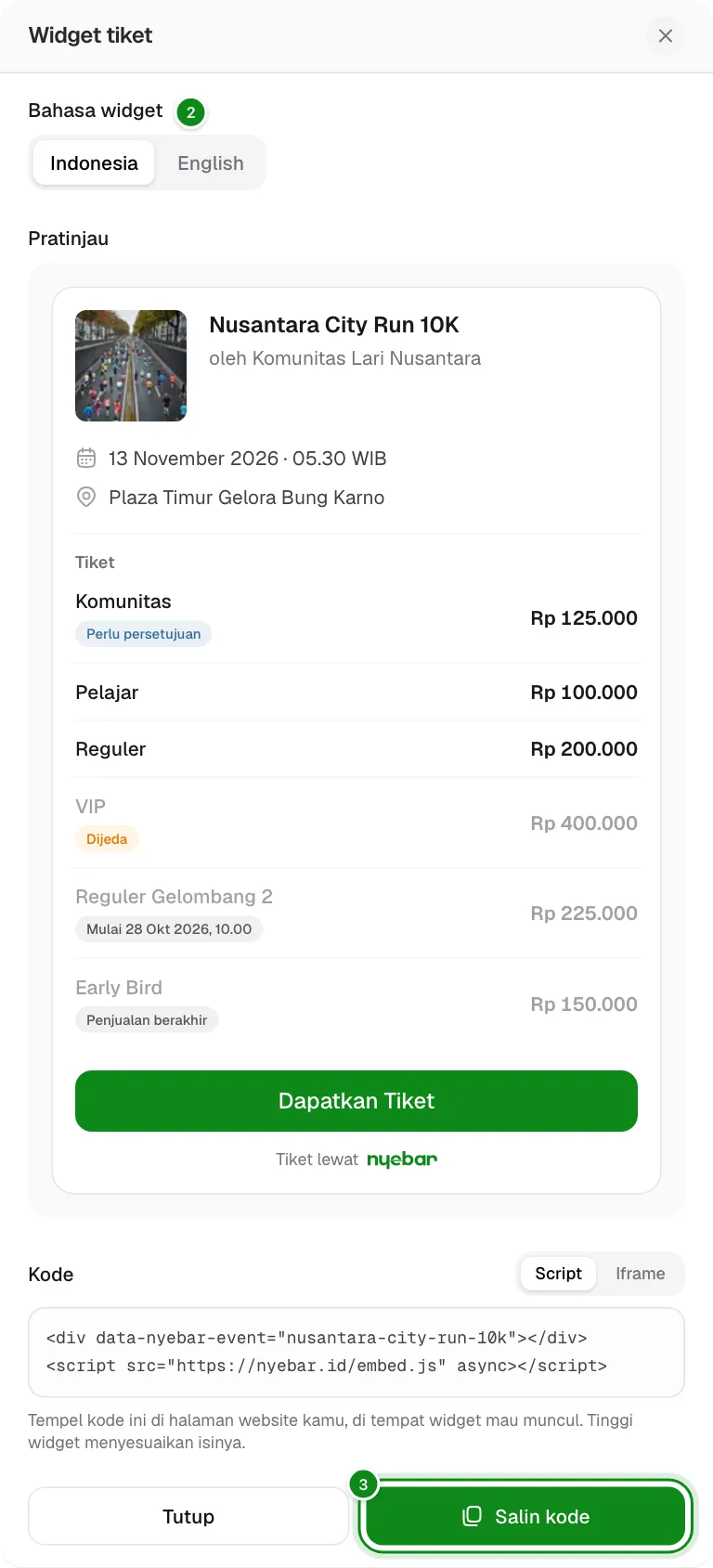 Jendela Widget tiket dengan pilihan bahasa, pratinjau widget, dan kode untuk disalin.