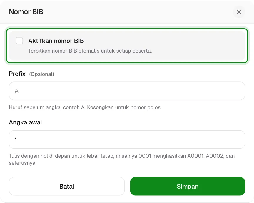 Atur prefix dan angka awal nomor BIB.
