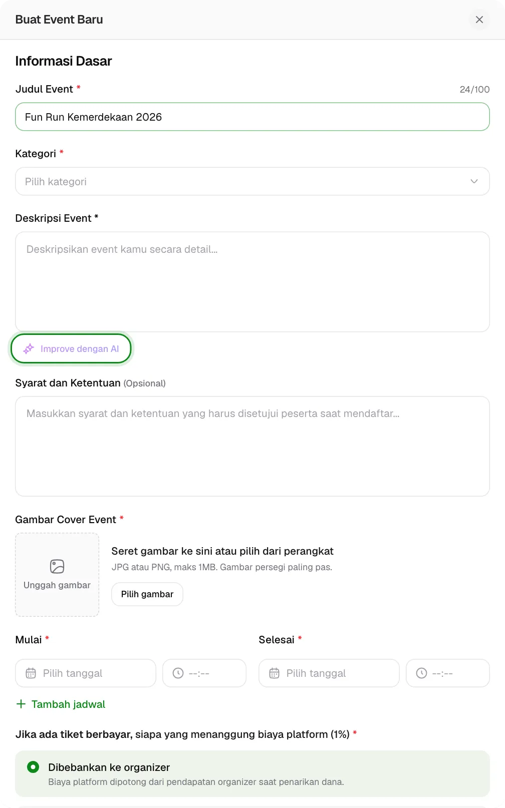 Tombol Improve dengan AI ada di field Deskripsi Event.