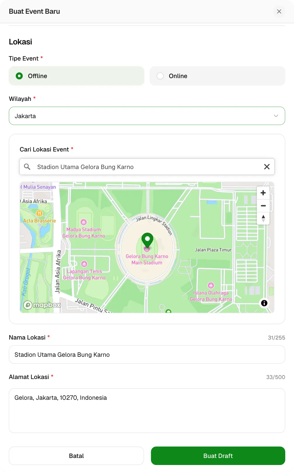 Untuk event offline, isi wilayah, nama dan alamat lokasi, lalu tandai peta.