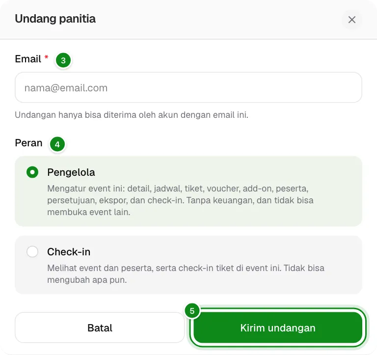 Form Undang panitia dengan email dan peran.