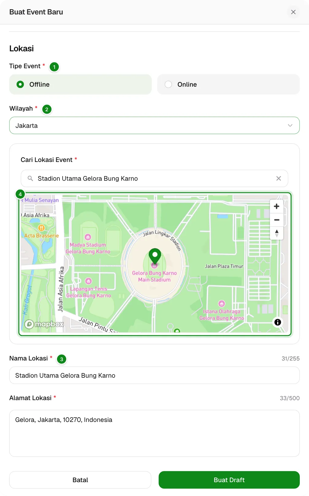 Isian lokasi untuk event offline beserta peta.