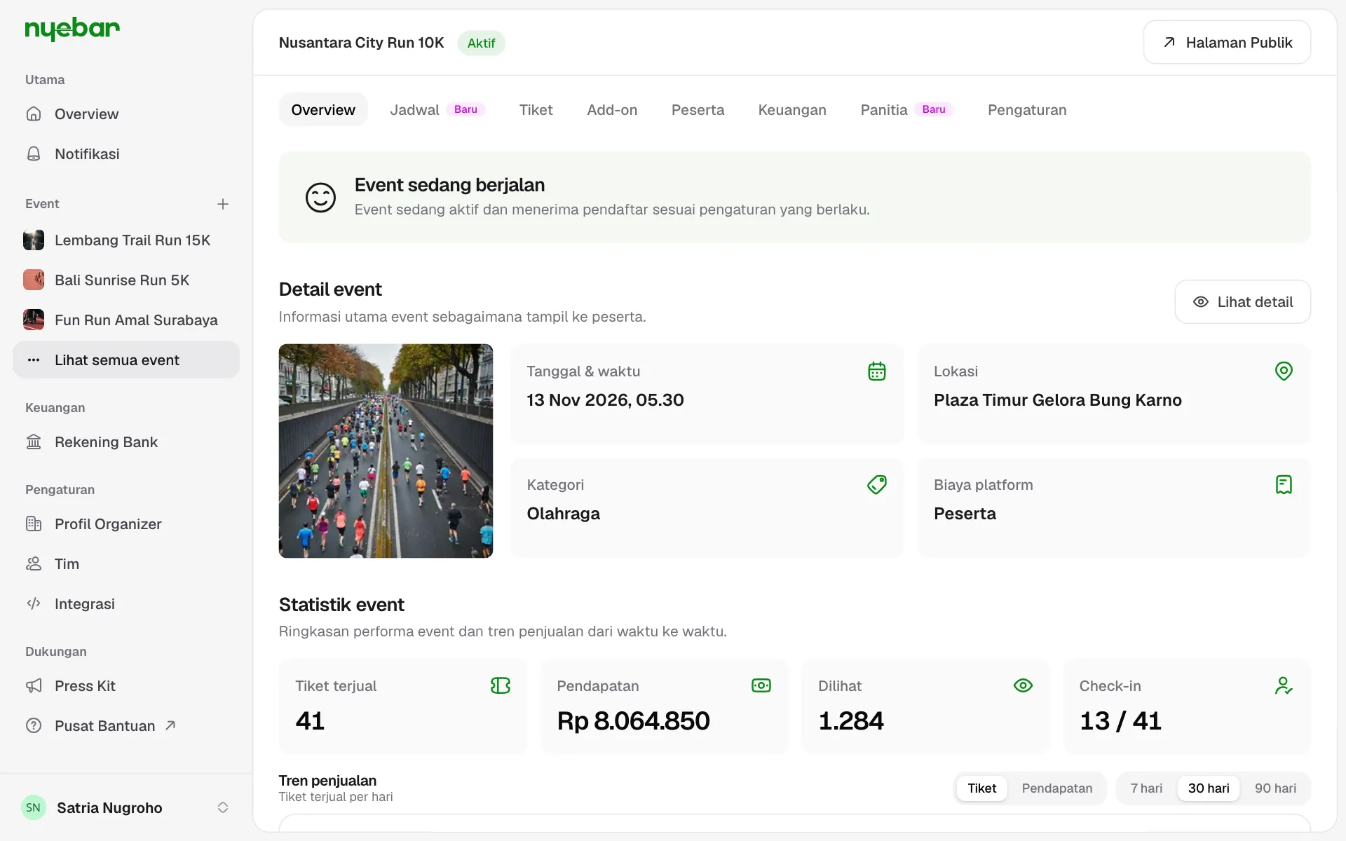 Kartu ringkasan dan grafik tren penjualan di tab Overview.