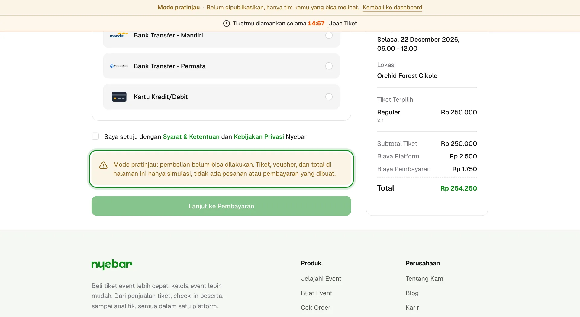 Checkout pratinjau dengan keterangan mode pratinjau dan tombol bayar yang tidak aktif.