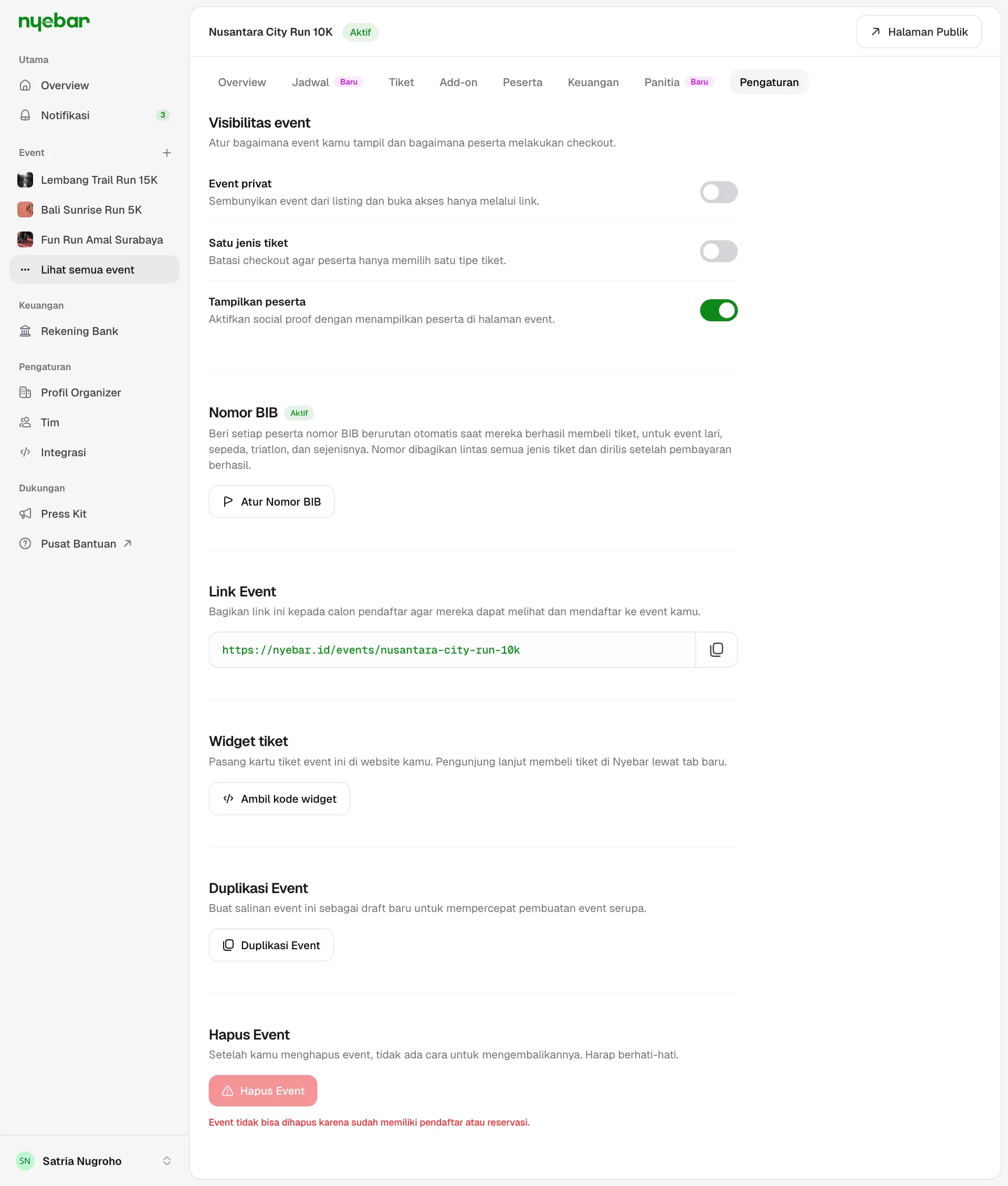 Tab Pengaturan berisi toggle visibilitas, nomor BIB, link event, duplikasi, dan hapus.